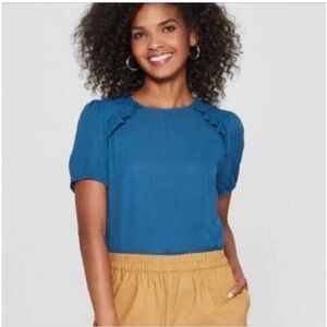 Who What Wear Teal Blue Ruffle-Trim Short Sleeve Blouse